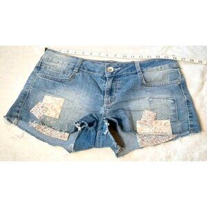 Lei Womens Ashley Jean Shorts Blue Stretch Patches Frayed Hem Low Rise Juniors 9